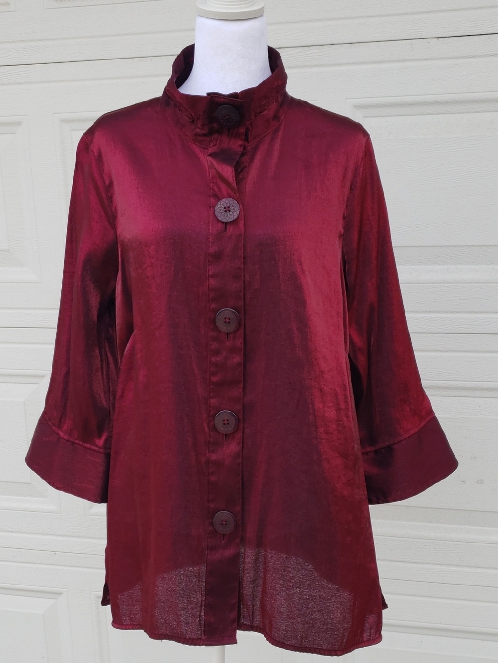 Ali Miles Shimmer Woven Wire Collar Button Up 3/4 Sleeves Tunic Top Size L